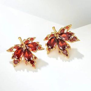 Sparkly Autumn Maple Leaf Brown Rhinestone Gold Stud Earrings NEW